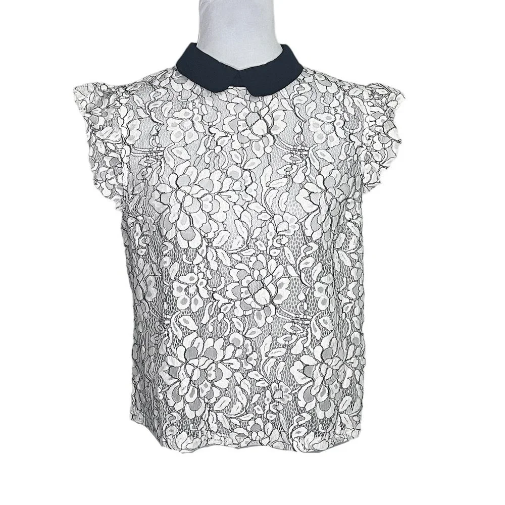 Forever 21 White Floral Lace See Thru Sleeveless Top with Black Collar Size L - Picture 1 of 7